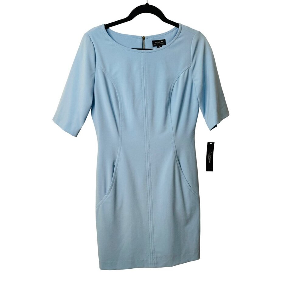 NWT Tahari 8 Baby Blue Knee-Length Sheath Dress W/ Side Pockets & Back Zip